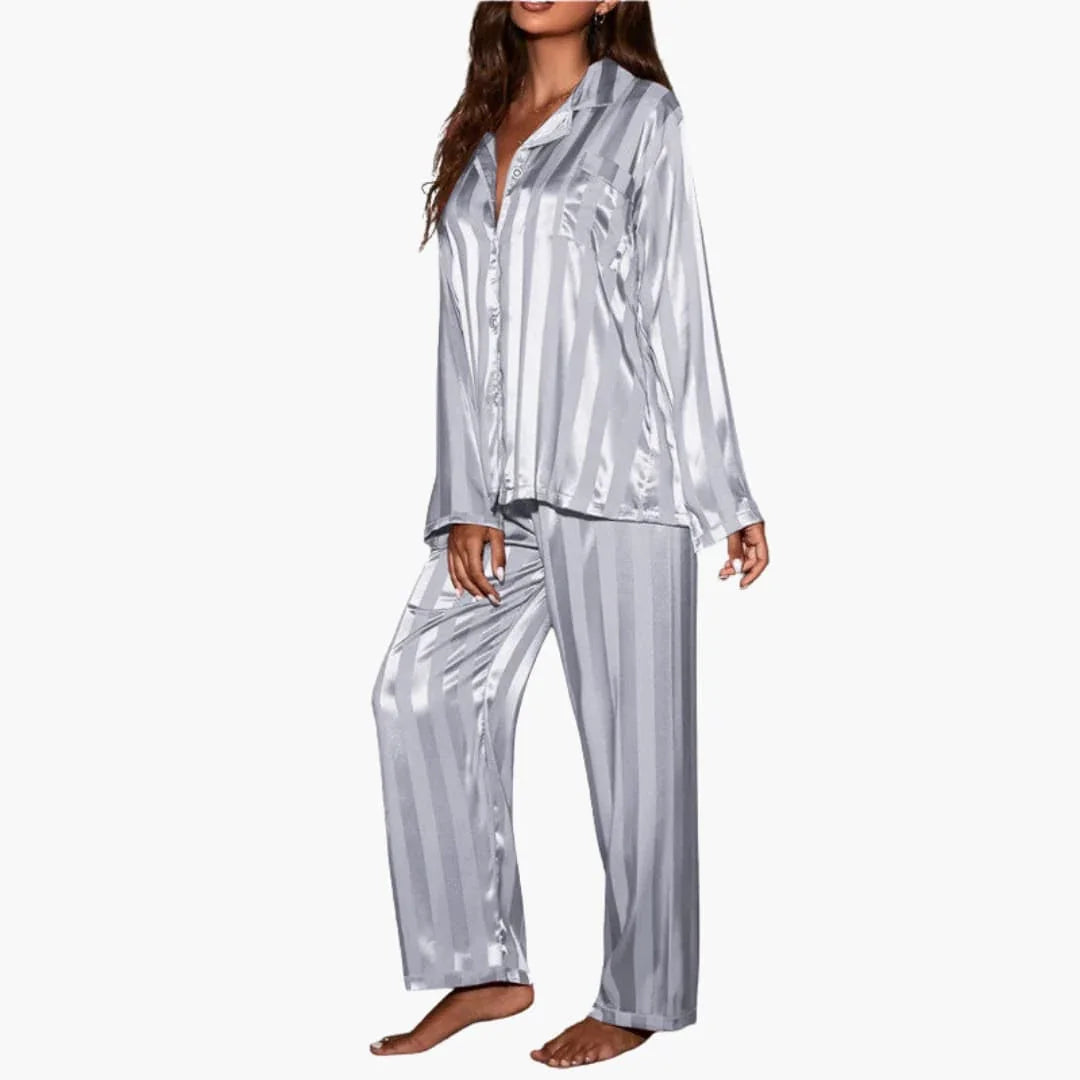 Damen Satin-Pyjama-Set mit geknöpftem Oberteil und Streifenmuster