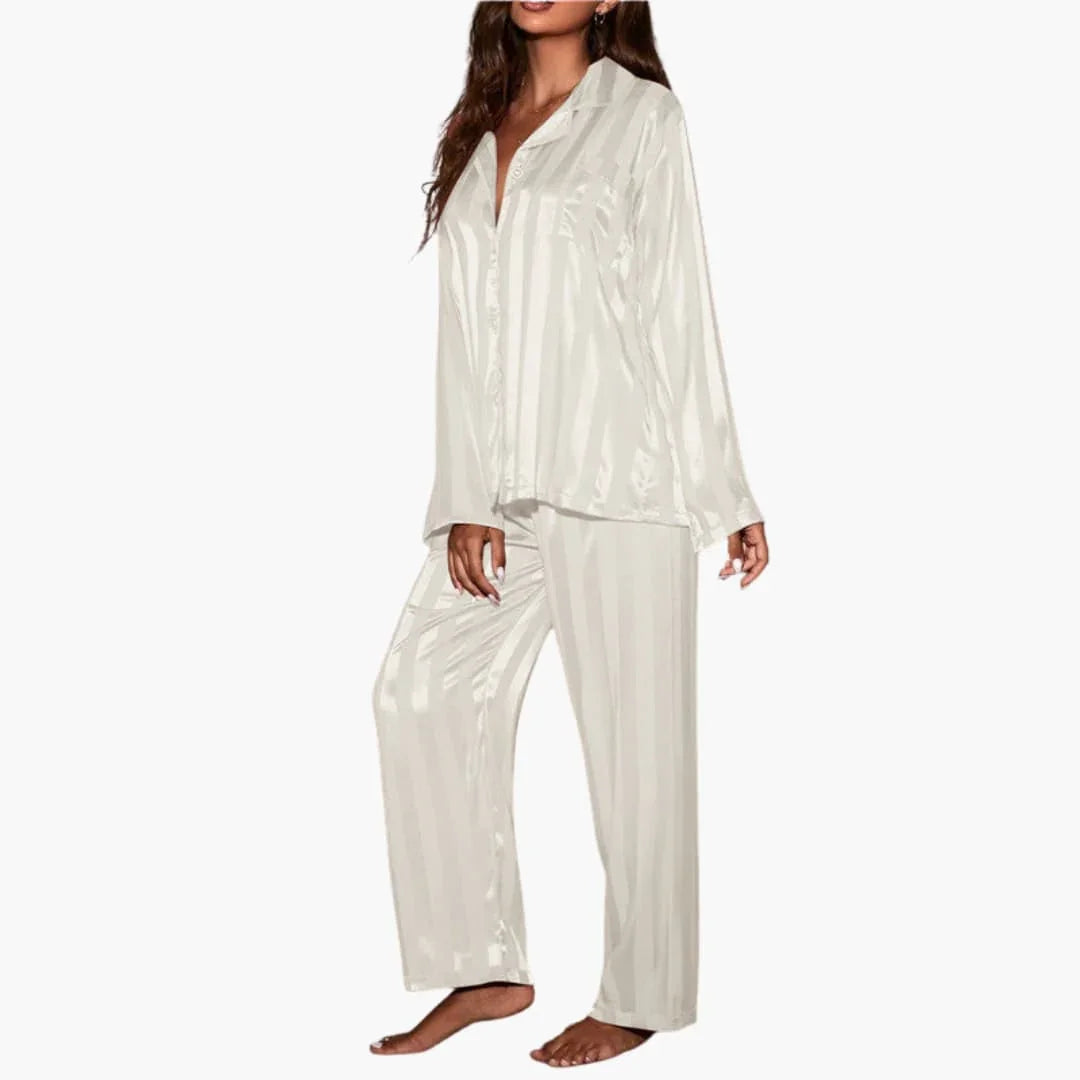 Damen Satin-Pyjama-Set mit geknöpftem Oberteil und Streifenmuster