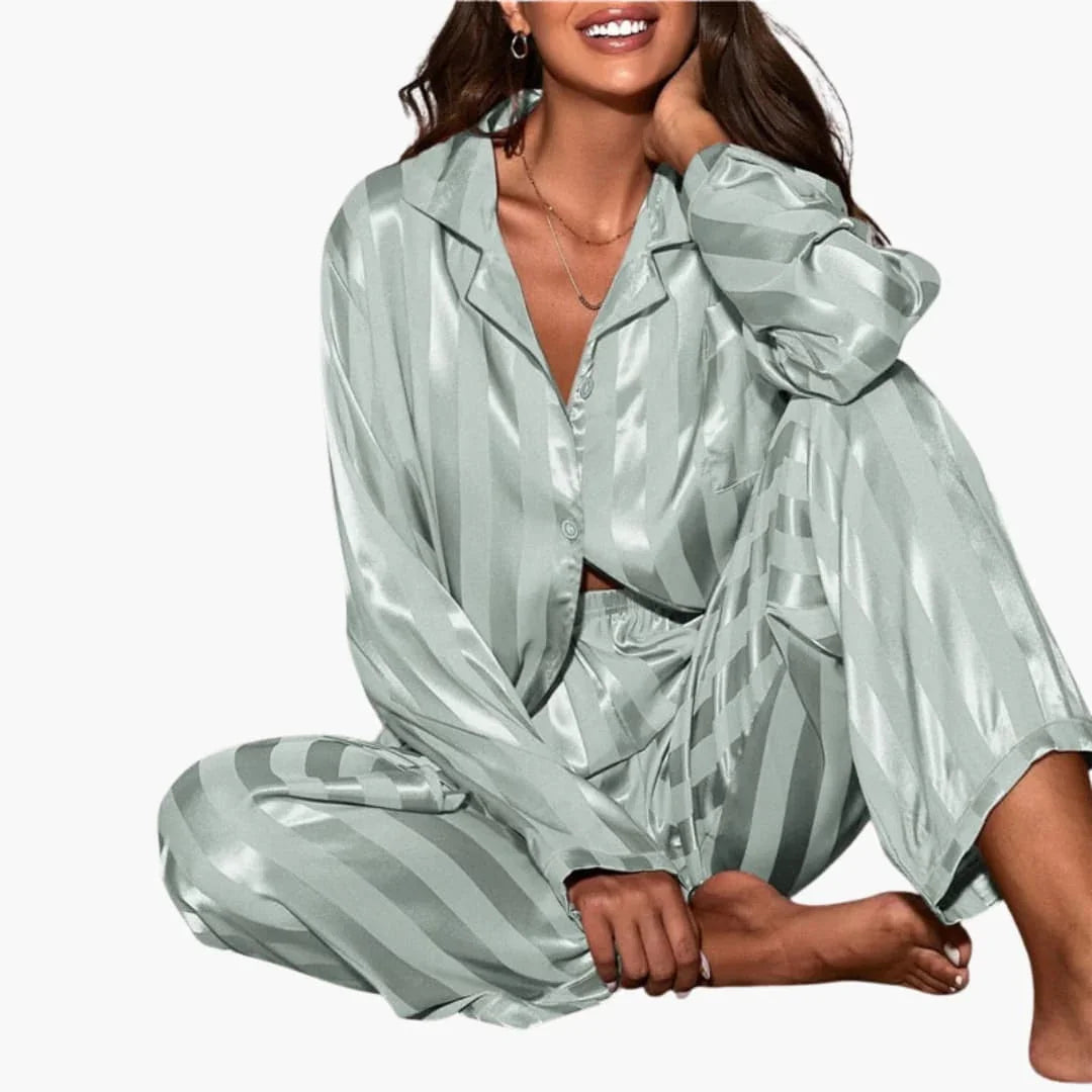 Damen Satin-Pyjama-Set mit geknöpftem Oberteil und Streifenmuster