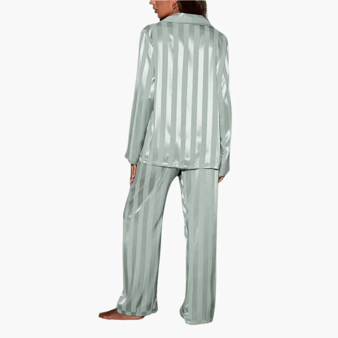 Damen Satin-Pyjama-Set mit geknöpftem Oberteil und Streifenmuster