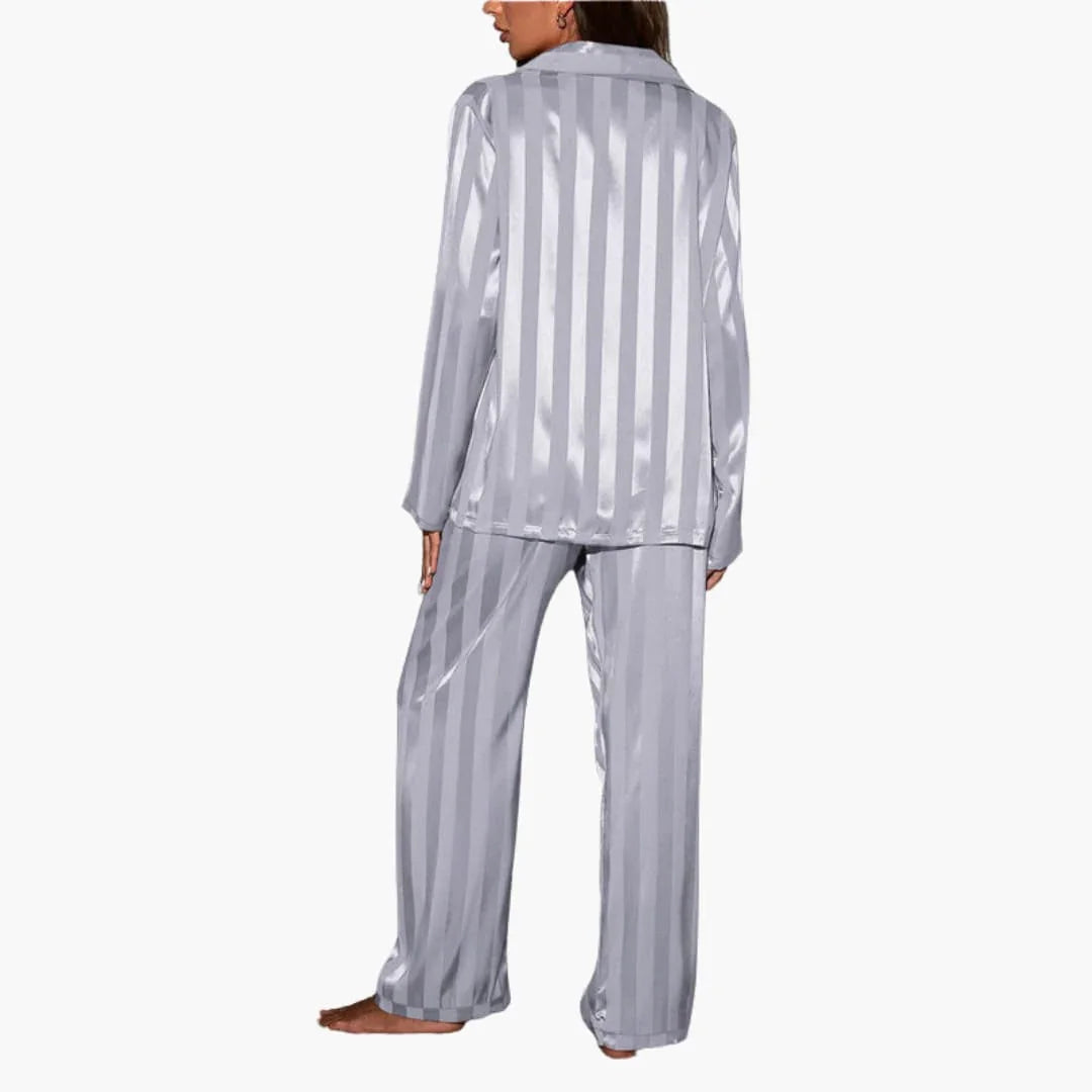 Damen Satin-Pyjama-Set mit geknöpftem Oberteil und Streifenmuster