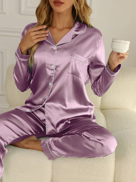 Damen-Satin-Pyjama-Set mit geknöpftem Oberteil und langer Hose
