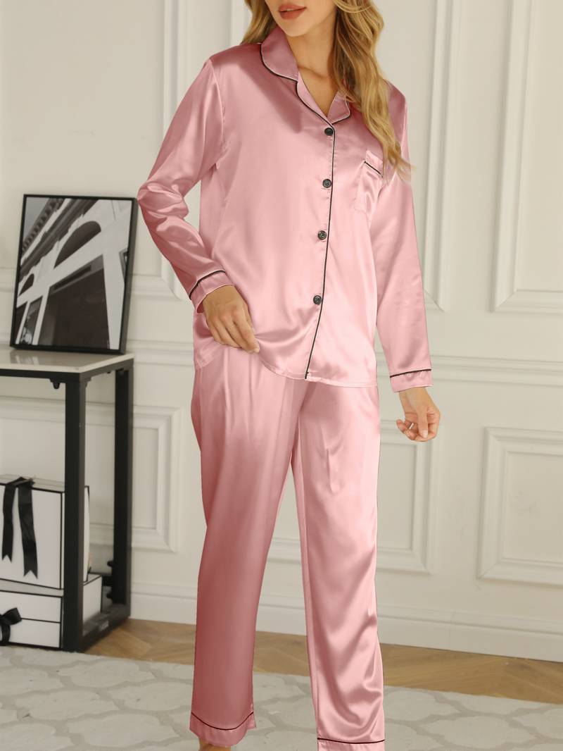 Damen-Satin-Pyjama-Set mit geknöpftem Oberteil und langer Hose