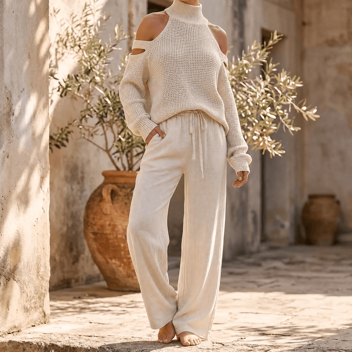 Damen-Set mit schulterfreiem Strickoberteil und Hose mit weitem Bein