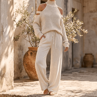 Damen-Set mit schulterfreiem Strickoberteil und Hose mit weitem Bein