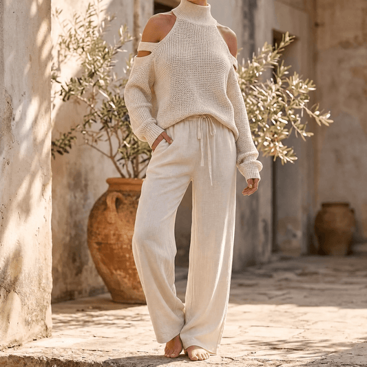 Damen-Set mit schulterfreiem Strickoberteil und Hose mit weitem Bein