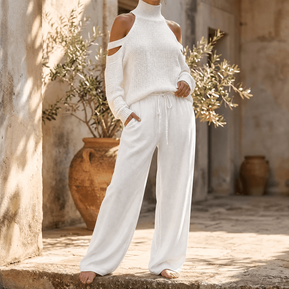 Damen-Set mit schulterfreiem Strickoberteil und Hose mit weitem Bein