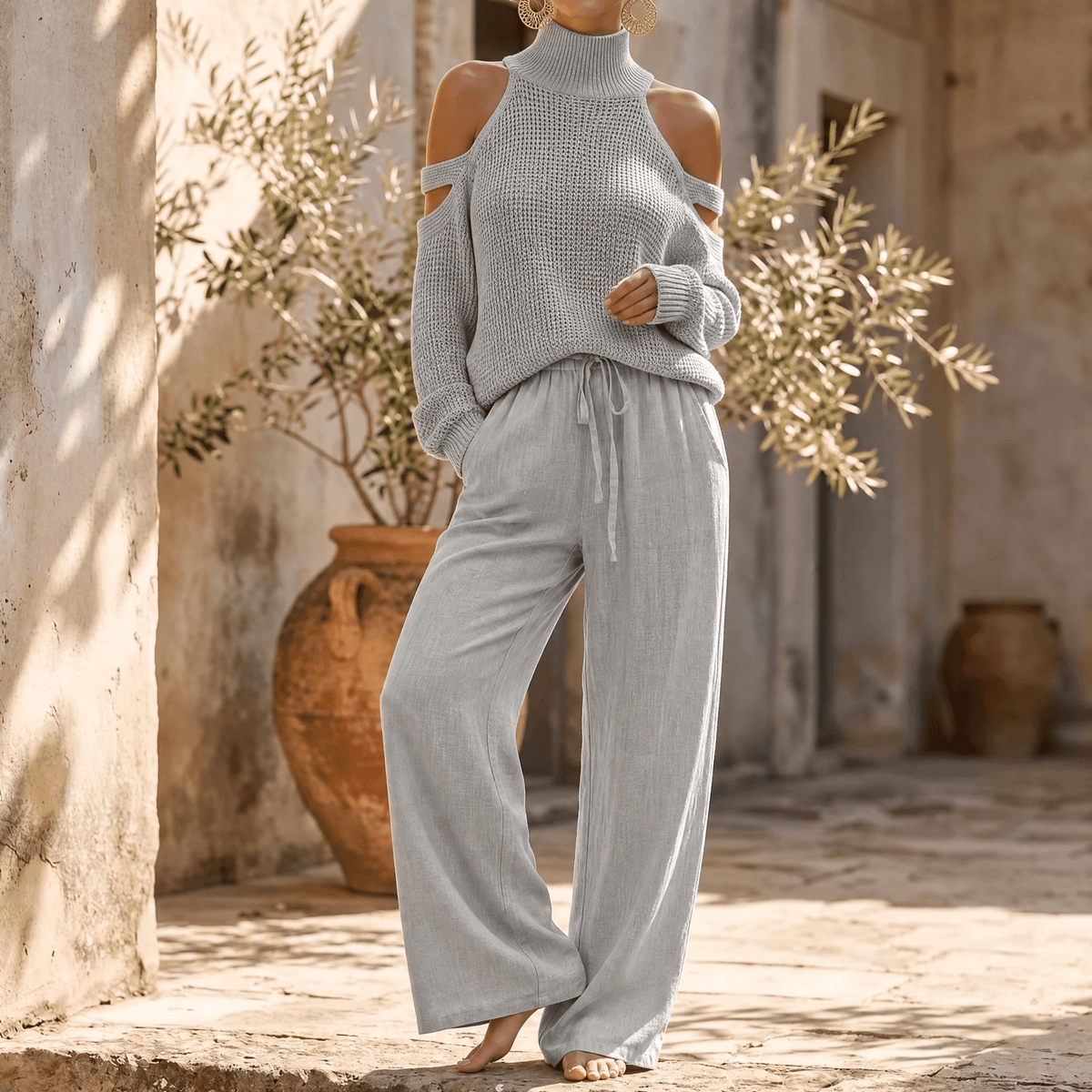 Damen-Set mit schulterfreiem Strickoberteil und Hose mit weitem Bein