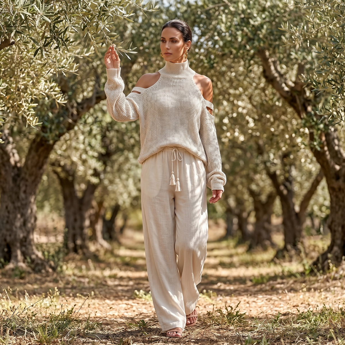 Damen-Set mit schulterfreiem Strickoberteil und Hose mit weitem Bein