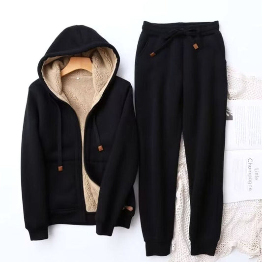 Damen Winter-Jogginganzug mit Reissverschluss, Kapuze und Sherpa-Futter