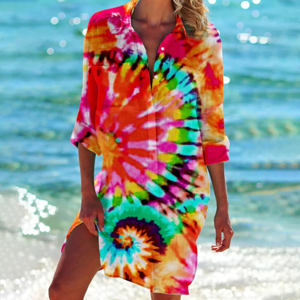 Damen Tie-Dye Strand-Hemdblusenkleid