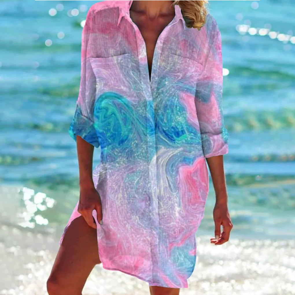 Damen Tie-Dye Strand-Hemdblusenkleid