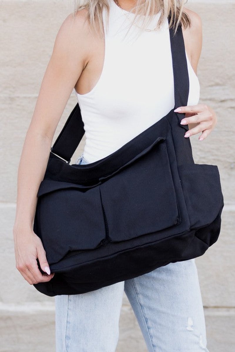 Damen Oversize-Schulter- und Umhängetasche aus schwarzem Canvas