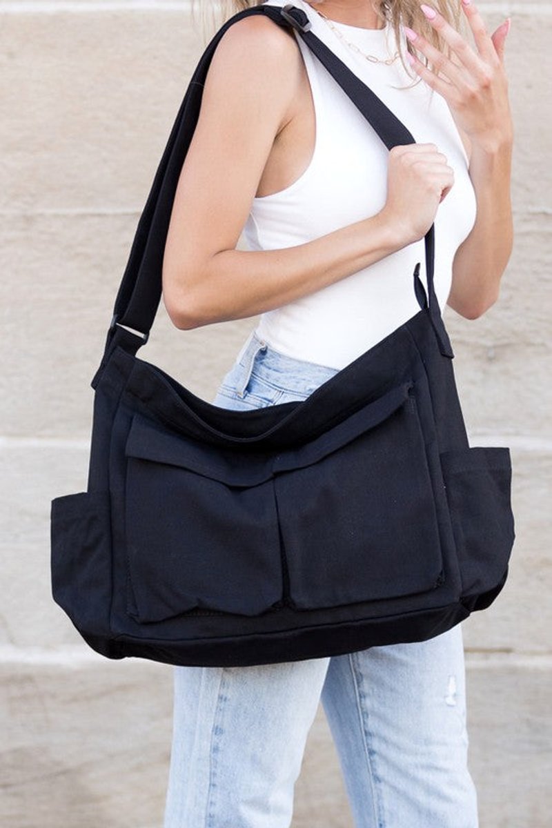 Damen Oversize-Schulter- und Umhängetasche aus schwarzem Canvas