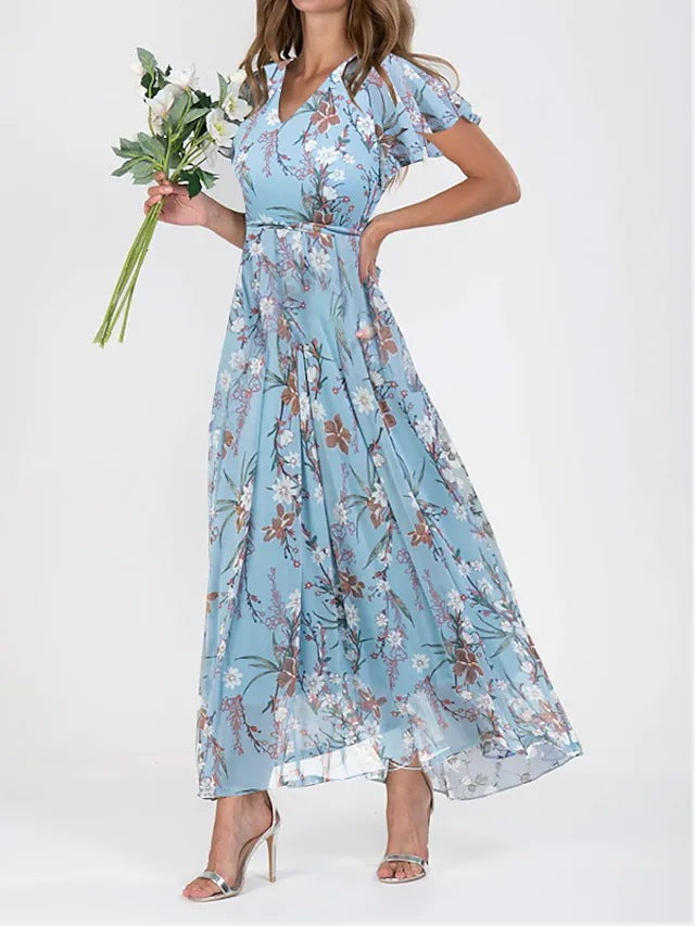 Damen Maxikleid in A-Linie mit V-Ausschnitt