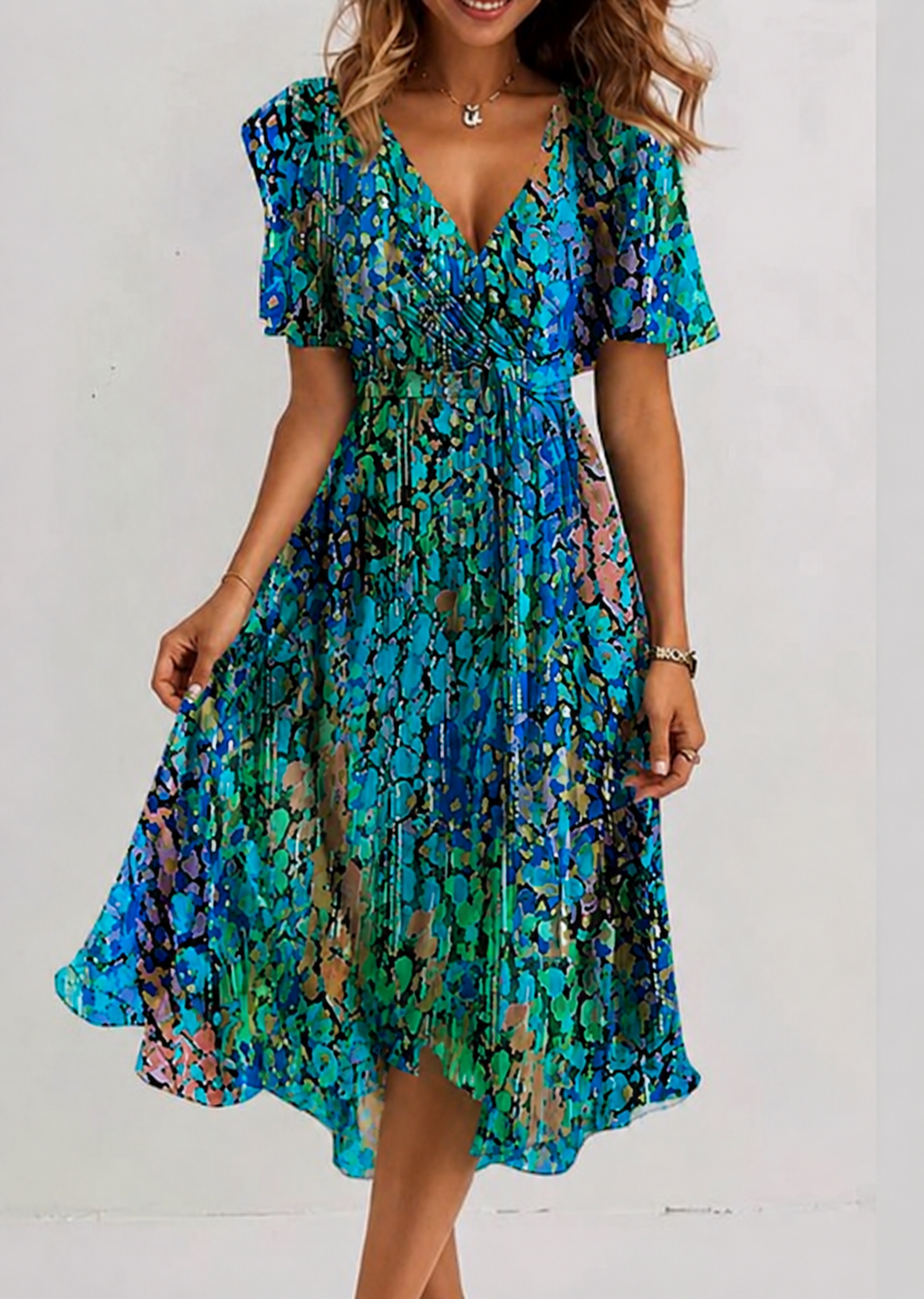Damen Wickelmidikleid mit V-Ausschnitt