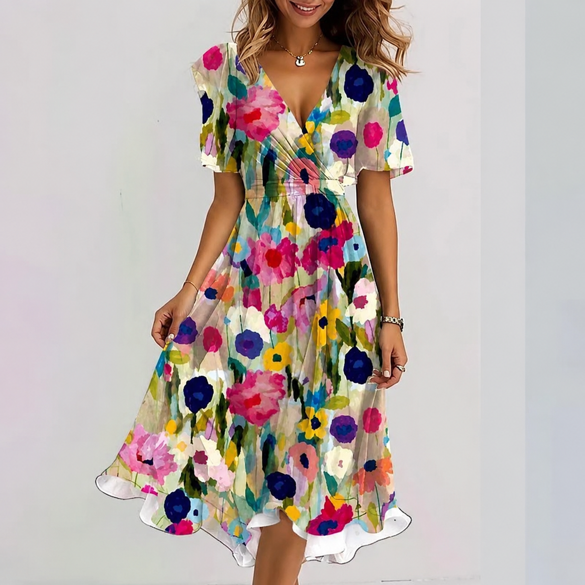 Damen Wickelmidikleid mit V-Ausschnitt