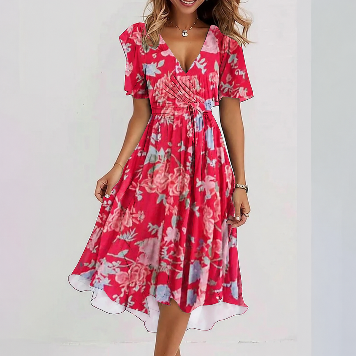 Damen Wickelmidikleid mit V-Ausschnitt