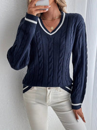 Damen V-Ausschnitt Zopfstrickpullover