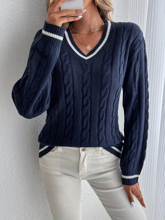 Damen V-Ausschnitt Zopfstrickpullover