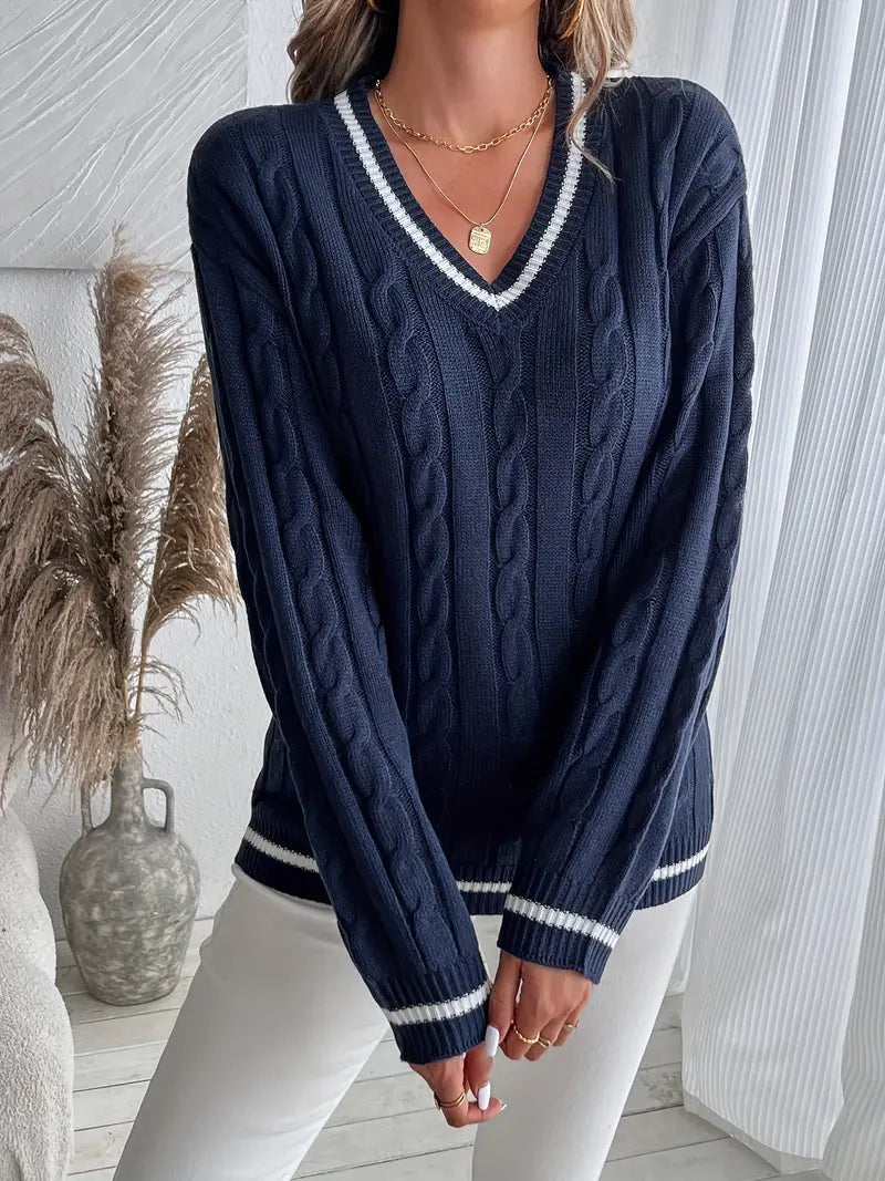 Damen V-Ausschnitt Zopfstrickpullover