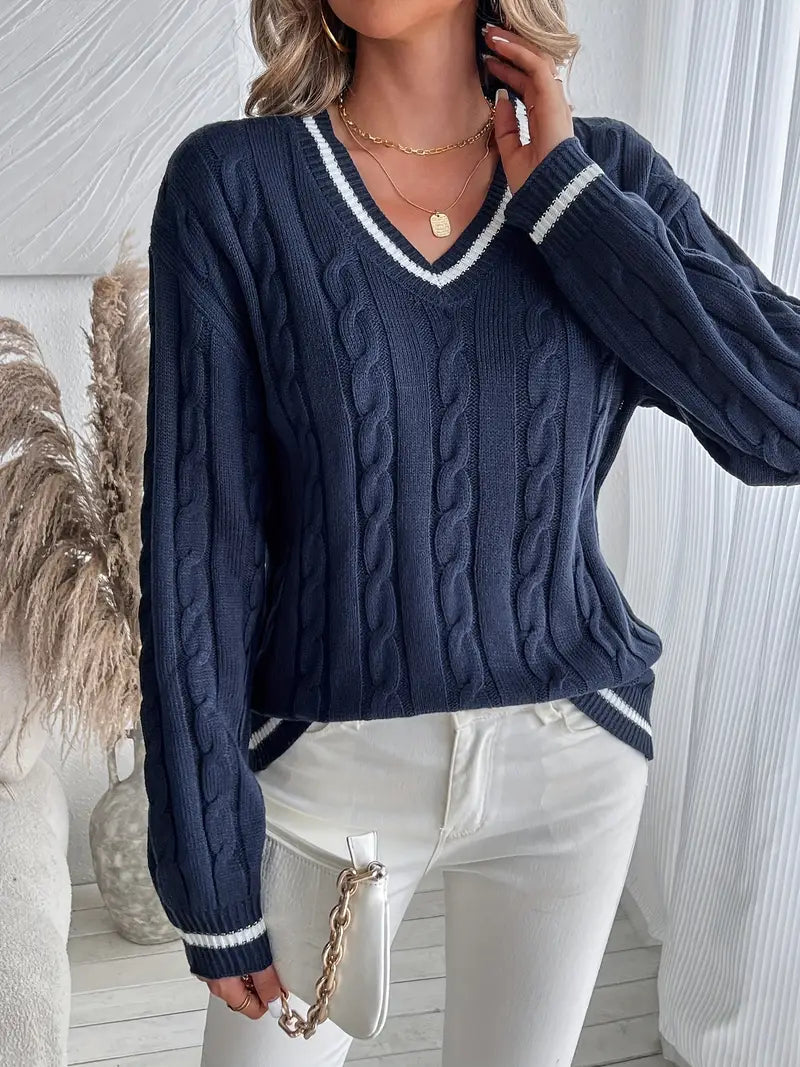 Damen V-Ausschnitt Zopfstrickpullover
