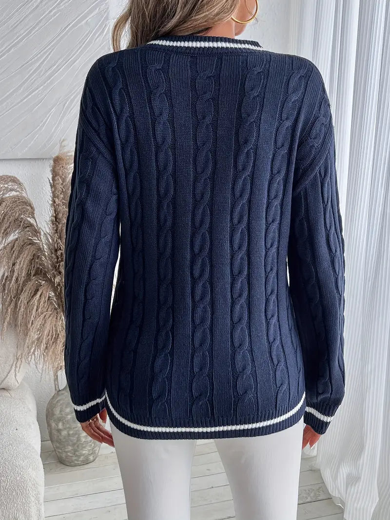 Damen V-Ausschnitt Zopfstrickpullover
