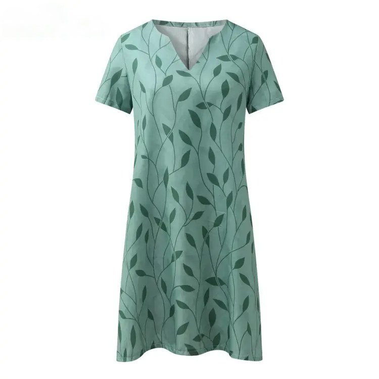 Damen Knielanges A-Linien-Kleid mit V-Ausschnitt und Blattmuster