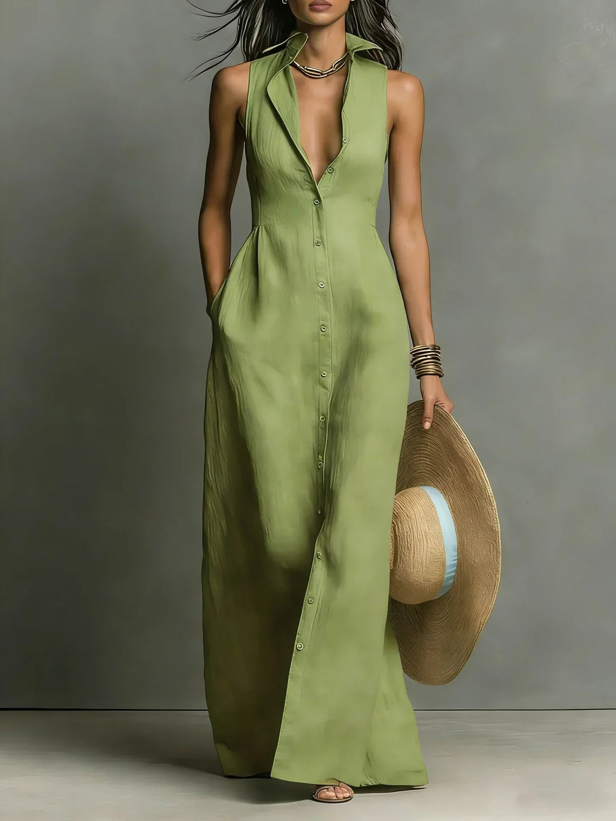 Damen Maxi-Hemdblusenkleid mit V-Ausschnitt