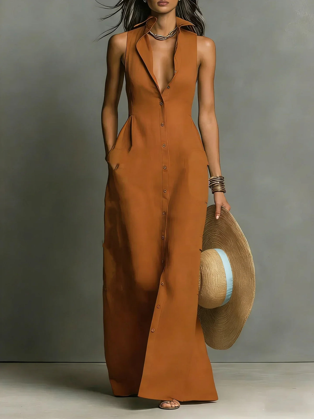 Damen Maxi-Hemdblusenkleid mit V-Ausschnitt