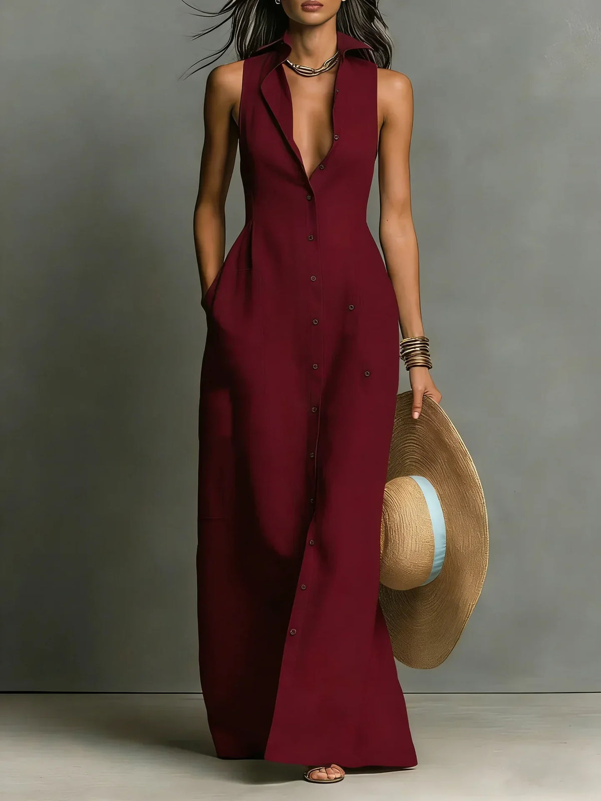 Damen Maxi-Hemdblusenkleid mit V-Ausschnitt