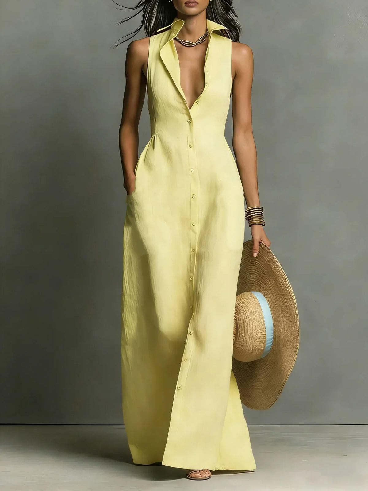 Damen Maxi-Hemdblusenkleid mit V-Ausschnitt