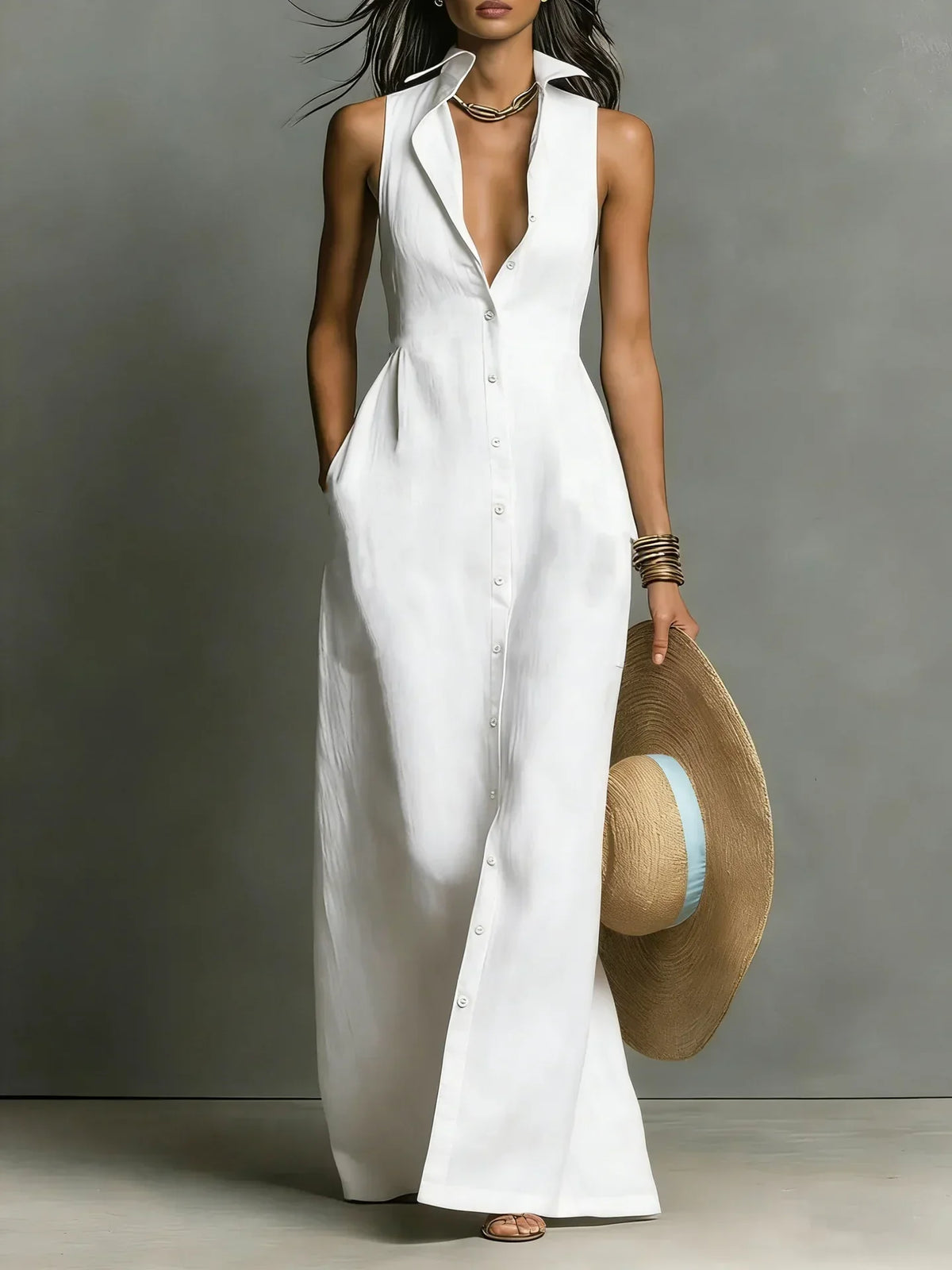 Damen Maxi-Hemdblusenkleid mit V-Ausschnitt