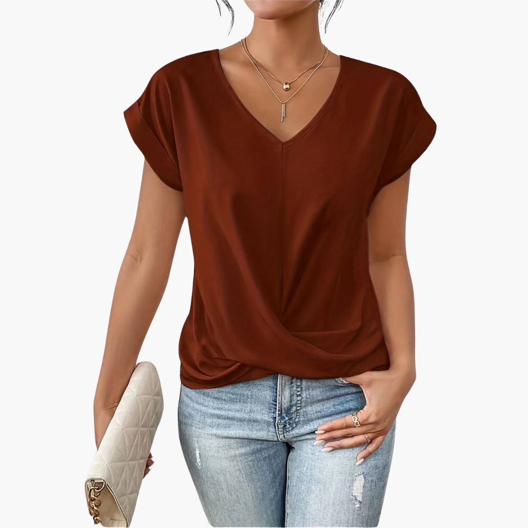 Damen-T-Shirt mit V-Ausschnitt und verdrehtem Detail vorne