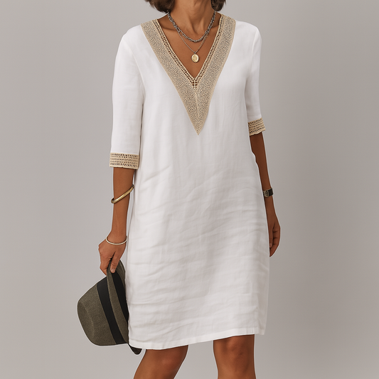 Damen-Leinenkleid mit V-Ausschnitt und Häkeldetails