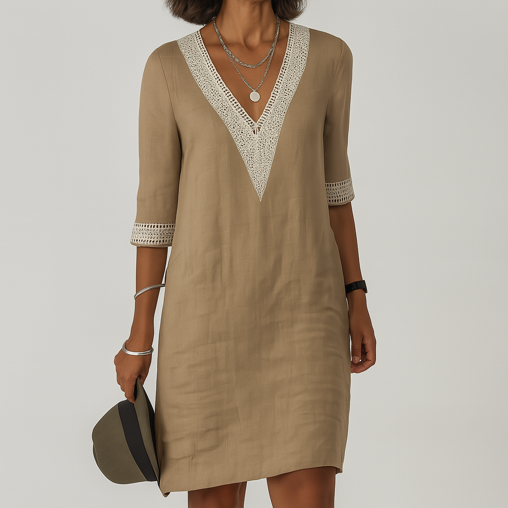 Damen-Leinenkleid mit V-Ausschnitt und Häkeldetails