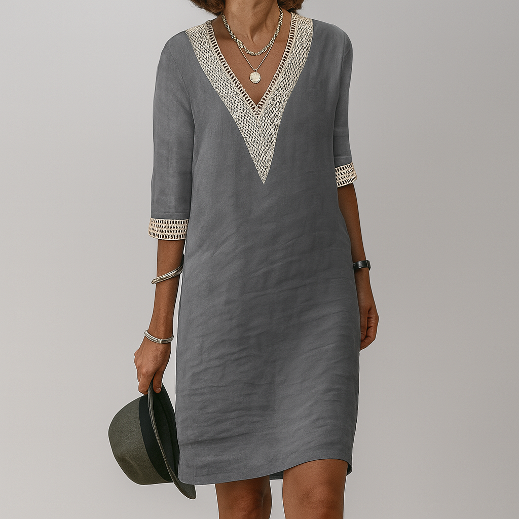 Damen-Leinenkleid mit V-Ausschnitt und Häkeldetails
