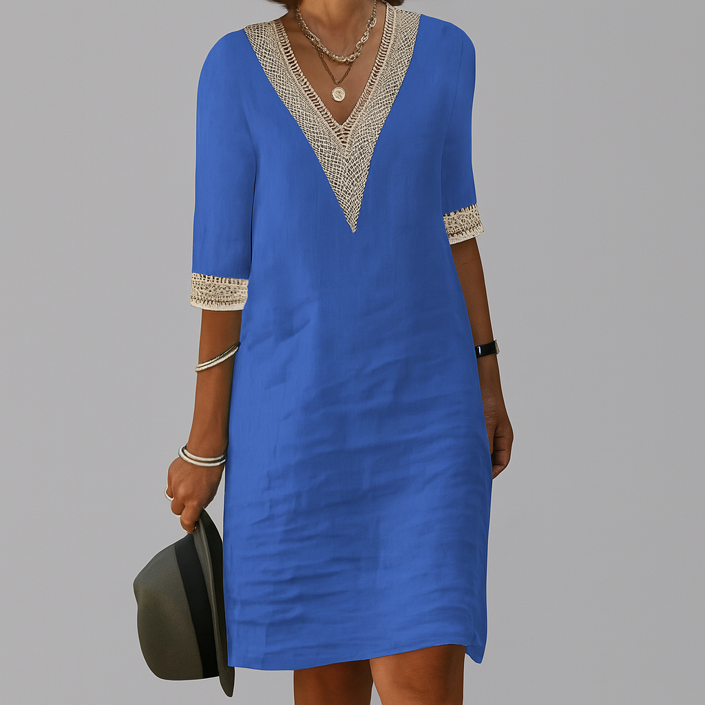 Damen-Leinenkleid mit V-Ausschnitt und Häkeldetails