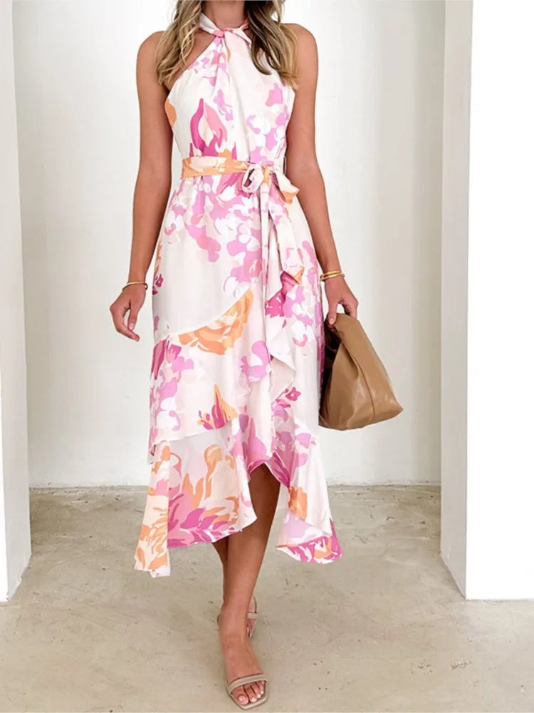 Damen-Midirleid mit Blumenmuster und Neckholder