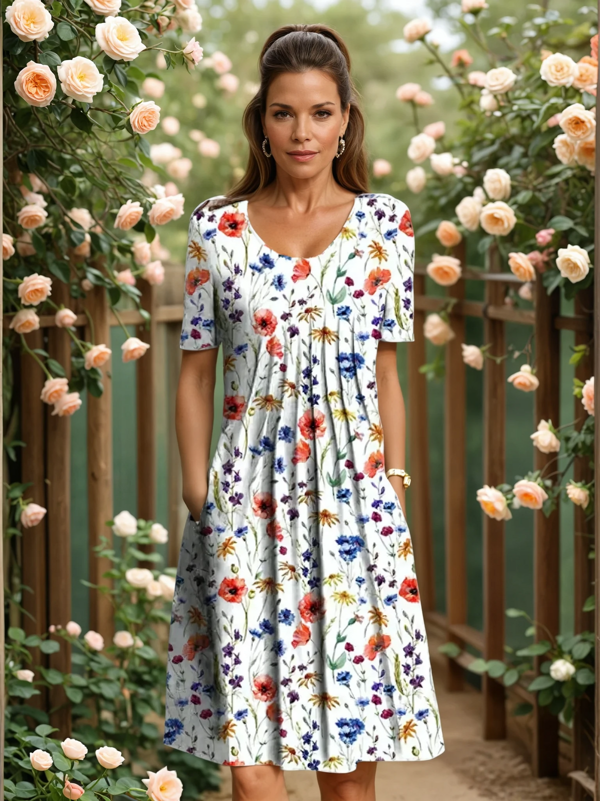 Damen Midikleid in A-Linie mit Blumenmuster und V-Ausschnitt