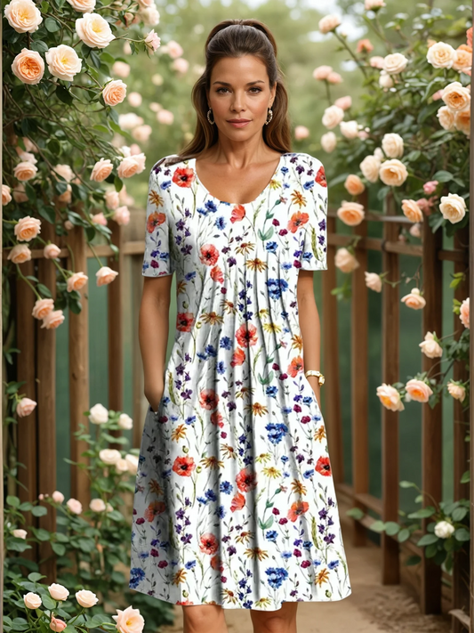 Damen Midikleid in A-Linie mit Blumenmuster und V-Ausschnitt