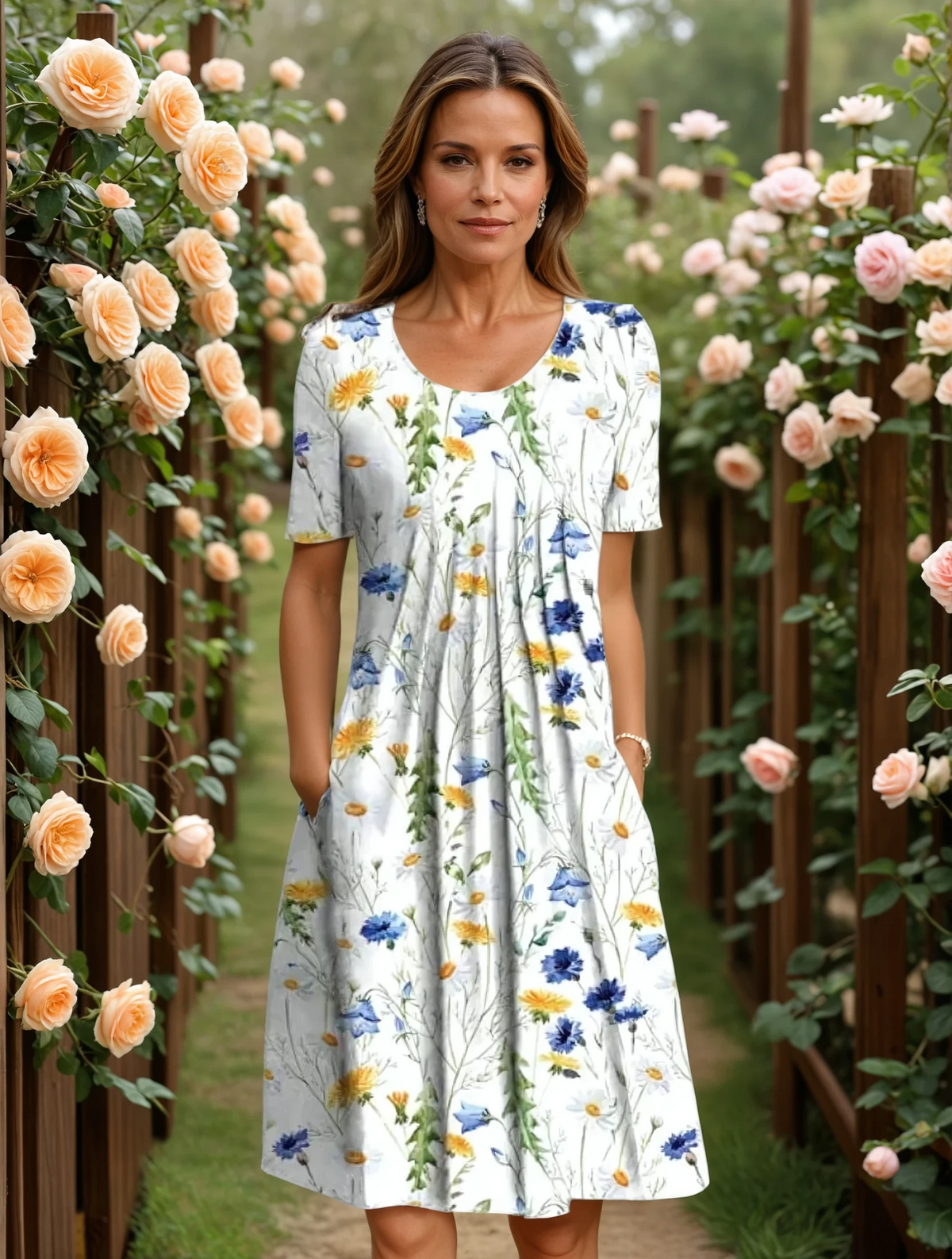 Damen Midikleid in A-Linie mit Blumenmuster und V-Ausschnitt