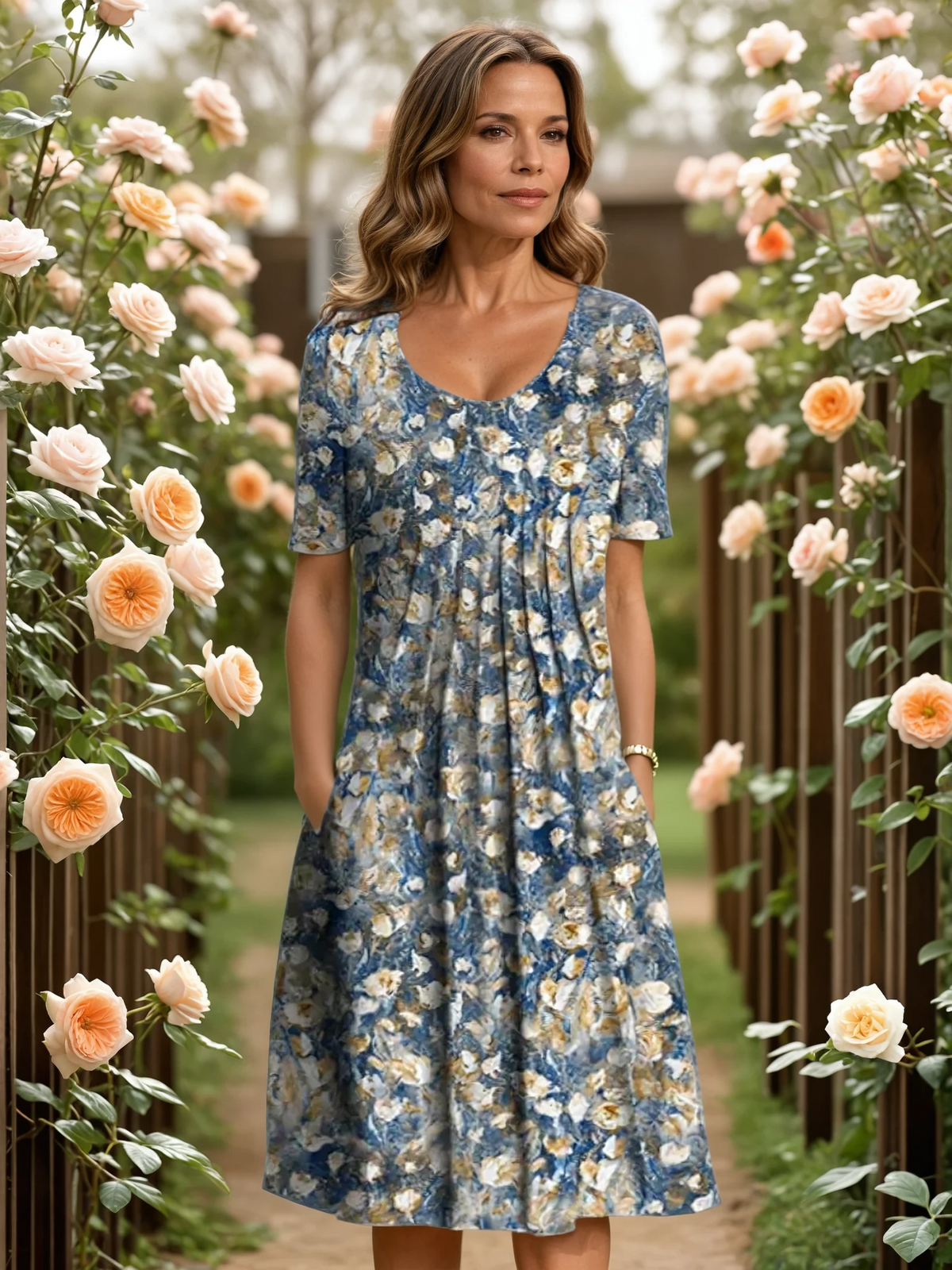 Damen Midikleid in A-Linie mit Blumenmuster und V-Ausschnitt