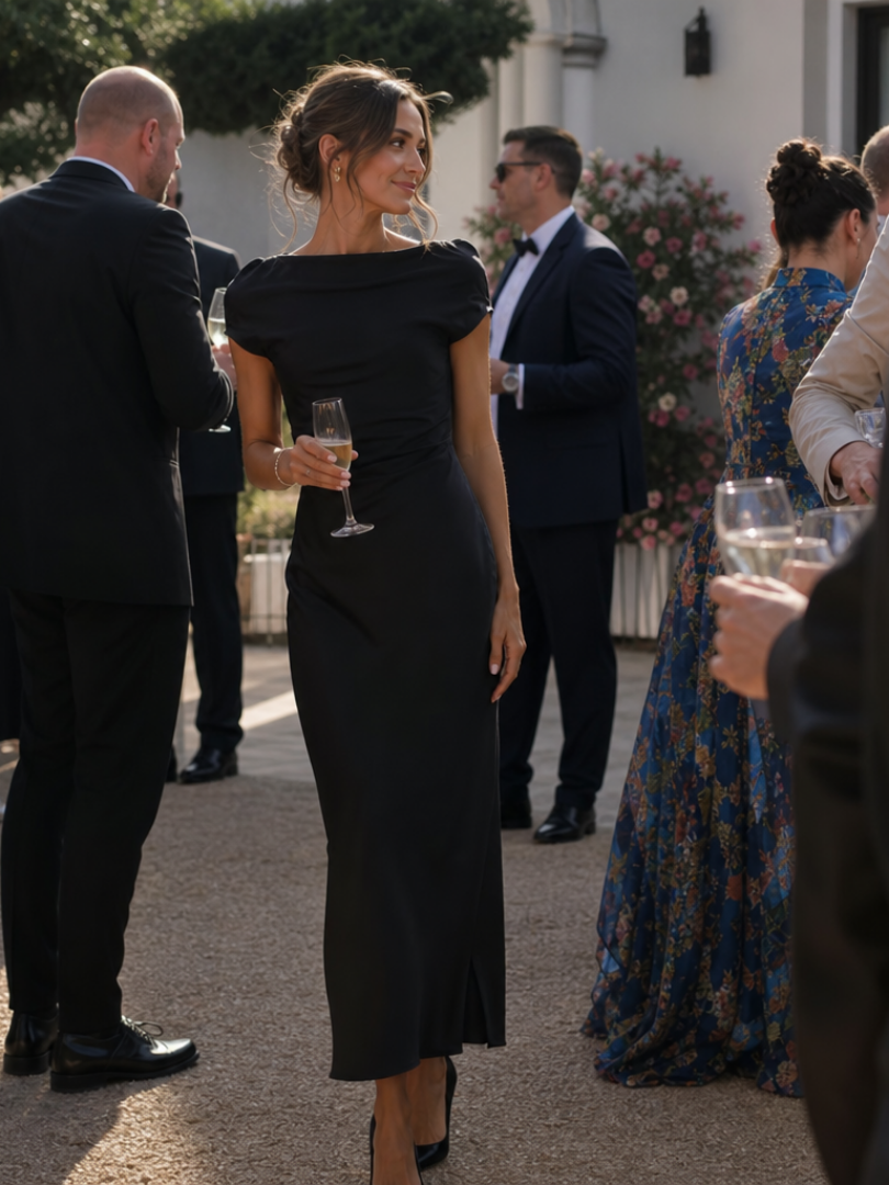 Damen Slip-Midikleid mit Wasserfallkragen