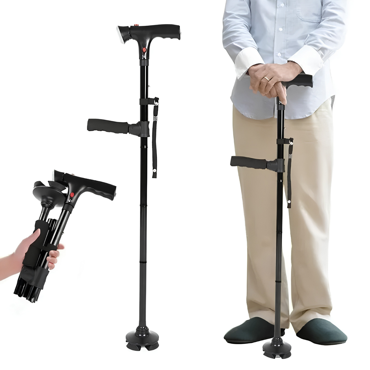 Faltbarer Gehstock mit Doppelgriff, Alarm und Lampe