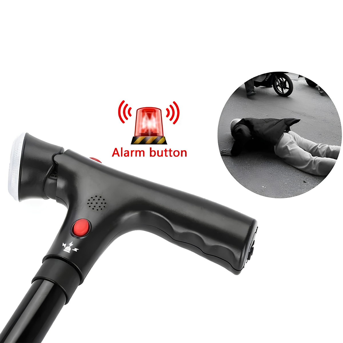 Faltbarer Gehstock mit Doppelgriff, Alarm und Lampe