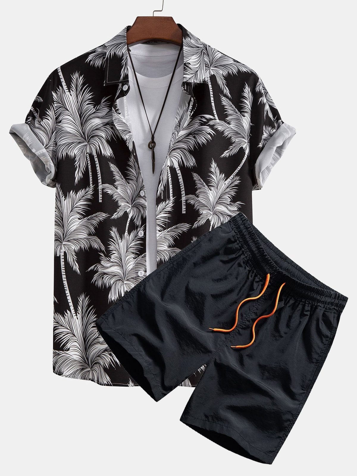 Hemd- und Badehosen-Set mit Palmenmuster – 100 % Polyester, Regular Fit Passform, lässiges Sommerset