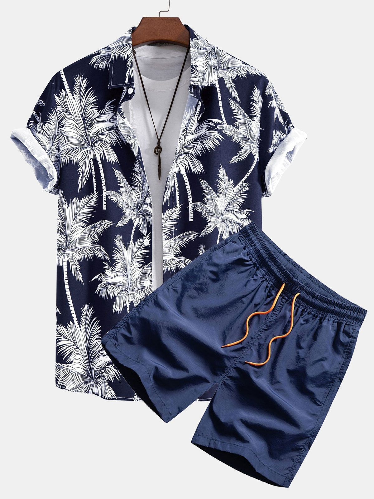 Hemd- und Badehosen-Set mit Palmenmuster – 100 % Polyester, Regular Fit Passform, lässiges Sommerset