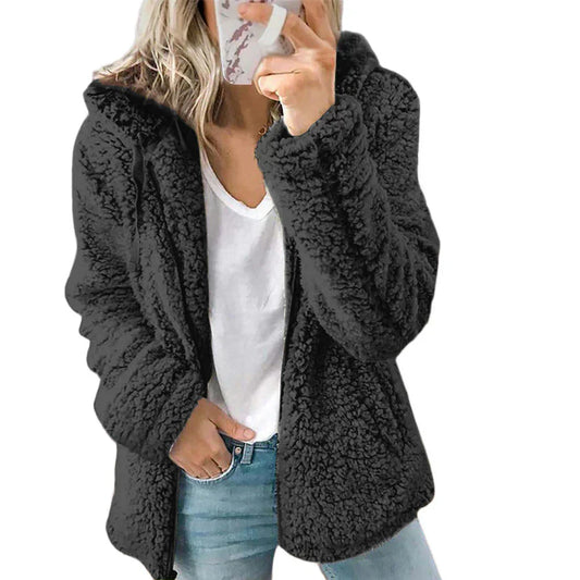 Weiche Teddy-Fleece-Kapuzenjacke mit durchgehendem Reissverschluss