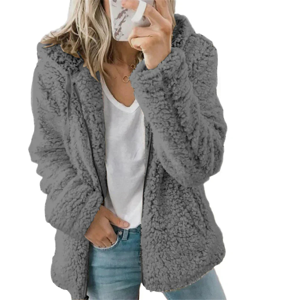 Weiche Teddy-Fleece-Kapuzenjacke mit durchgehendem Reissverschluss